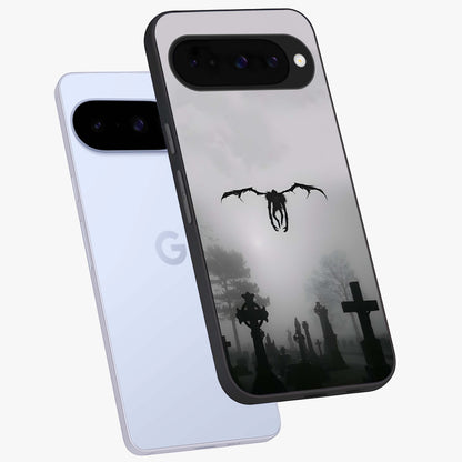 Graveyard Shadow Descent Glass Case displayed in angled mockup highlighting eerie shadow illustration with gothic aesthetic.