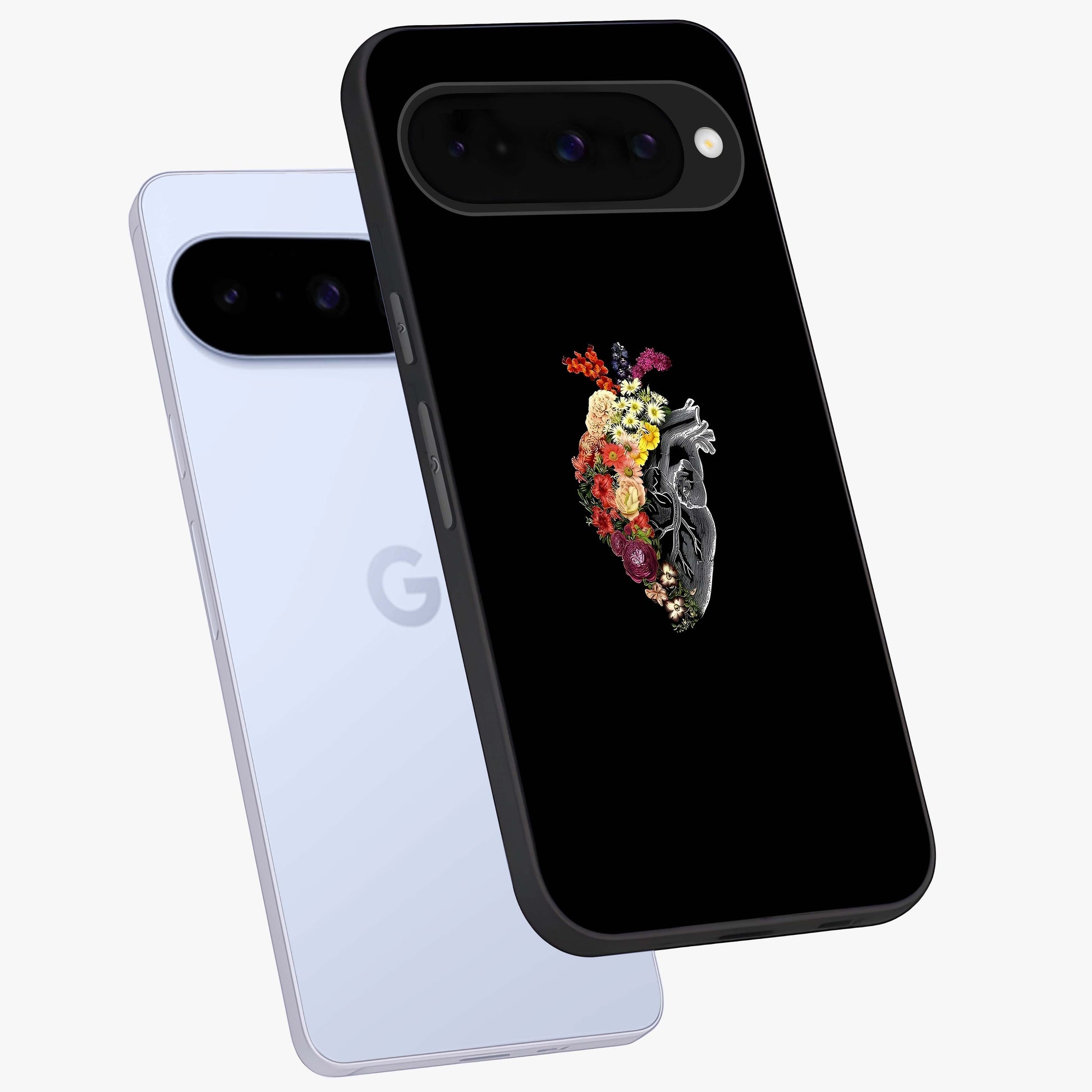 Heart With Flowers Glass Case displayed in angled mockup highlighting romantic flower design with soft aesthetic style.