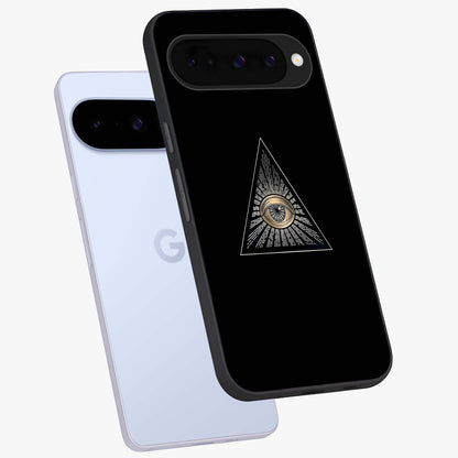 Illuminati Evil Glass Case displayed in angled mockup highlighting dark occult inspired design with bold aesthetic style.