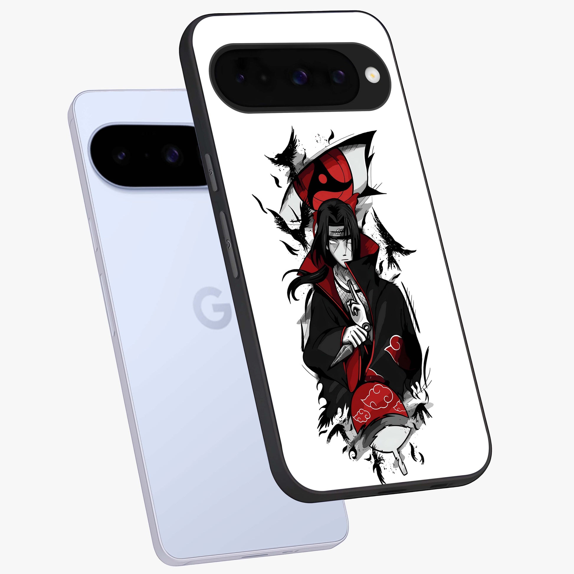 Itachi Limited Edition Naruto Anime Glass Case displayed in angled mockup highlighting dramatic anime illustration with bold action aesthetic.