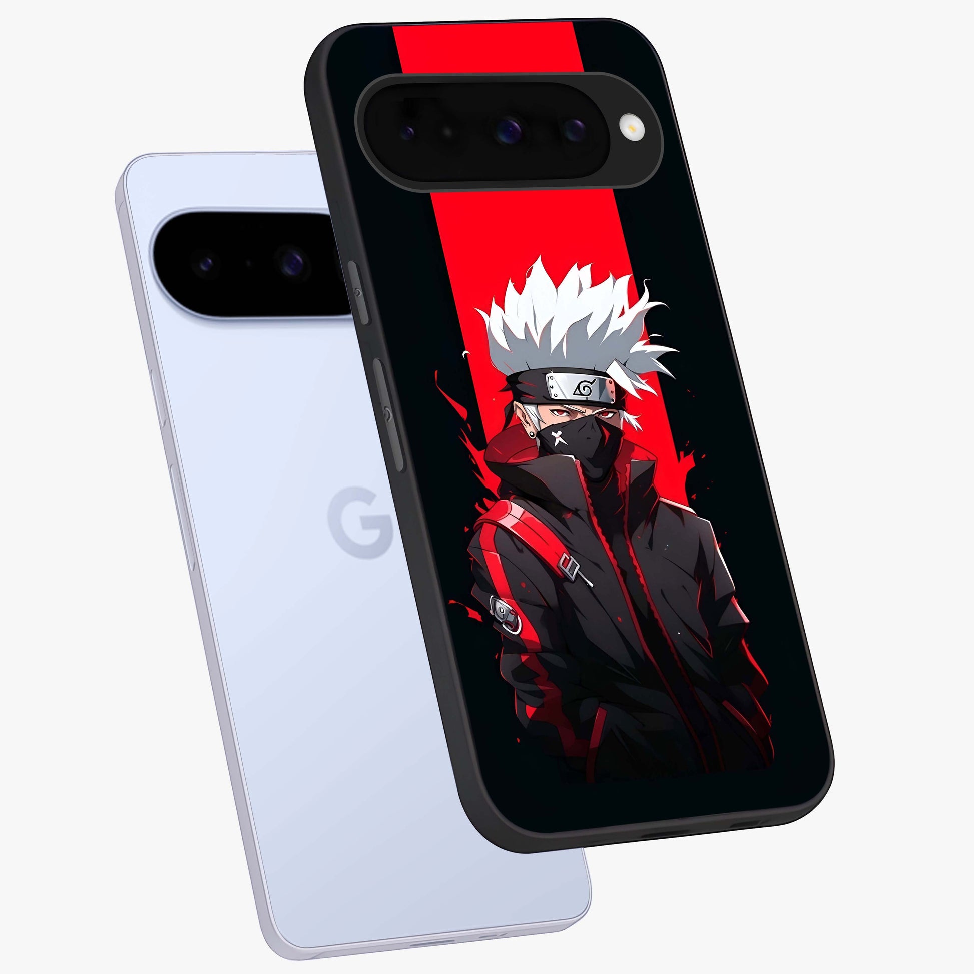 Kakashi Scarlet Shadow Glass Case displayed in angled mockup highlighting dramatic ninja illustration with scarlet themed aesthetic.