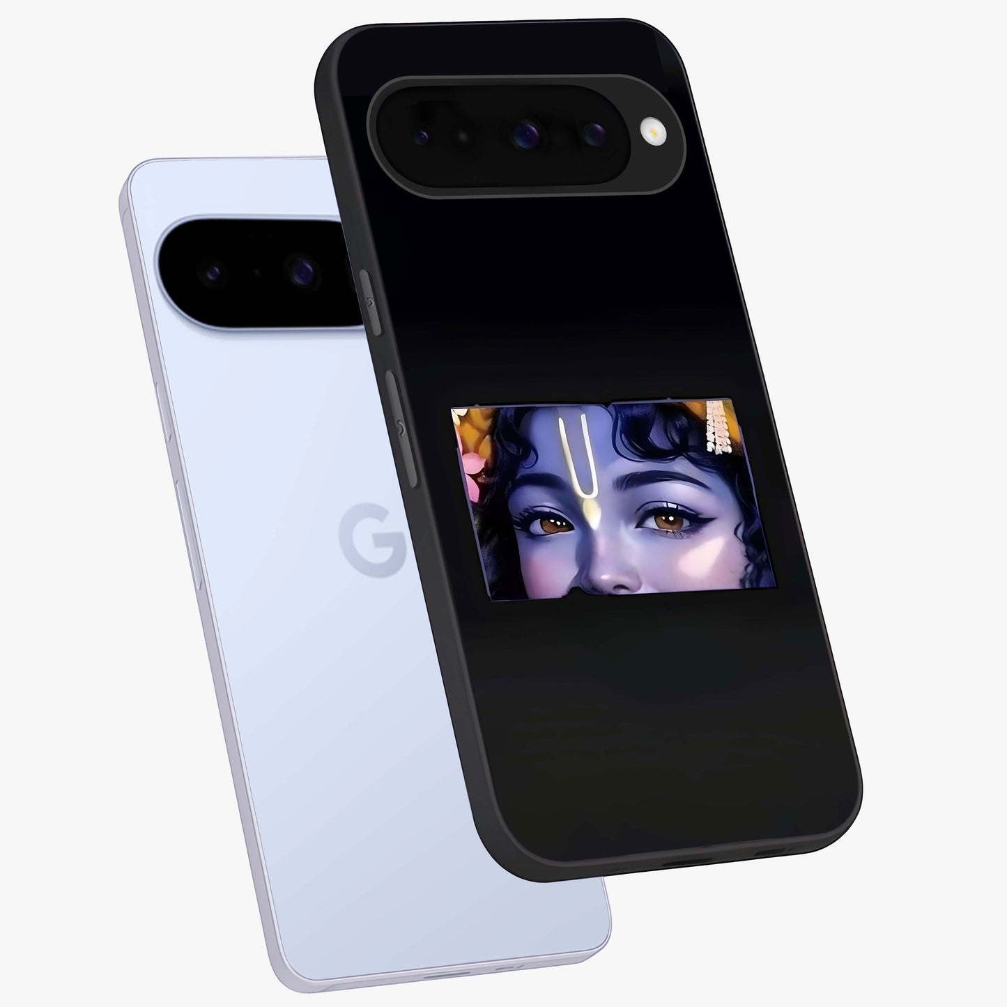 Krishna Divine Embrace Glass Case displayed in angled mockup highlighting divine Krishna illustration with spiritual aesthetic.