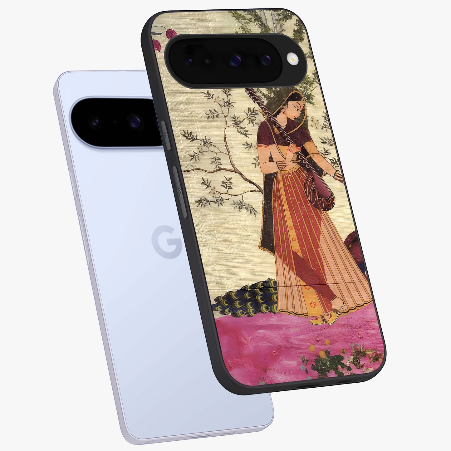 Lady With Veena Art Glass Case displayed in angled mockup highlighting graceful musical illustration with cultural artistic aesthetic.