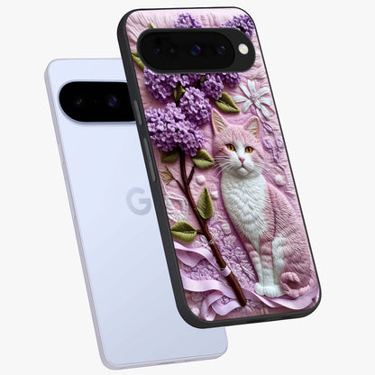 Lavender Cat Whimsy Glass Case displayed in angled mockup highlighting playful feline illustration with pastel lavender aesthetic.