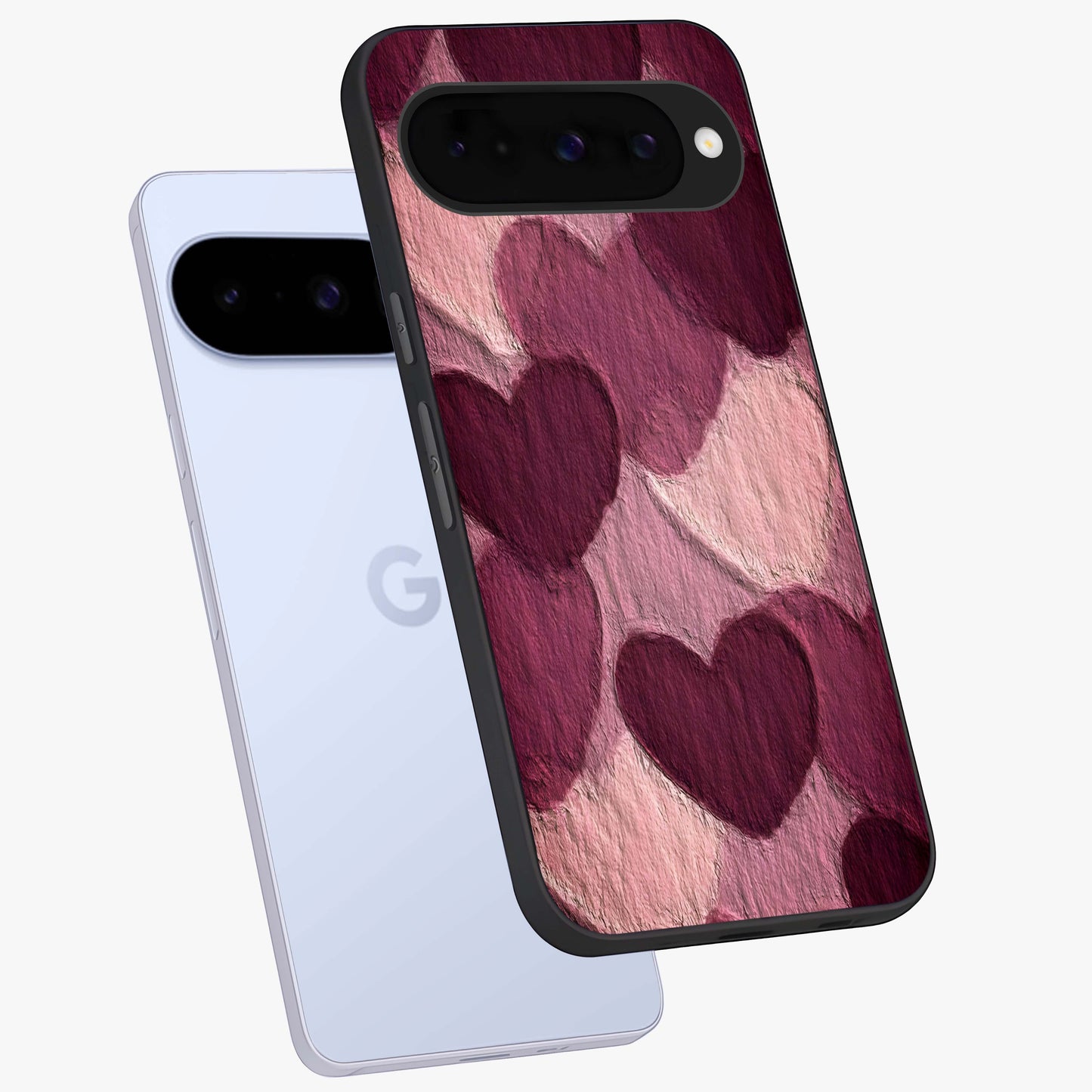 Layered Paper Hearts Glass Case displayed in angled mockup highlighting creative paper craft heart design with romantic aesthetic.