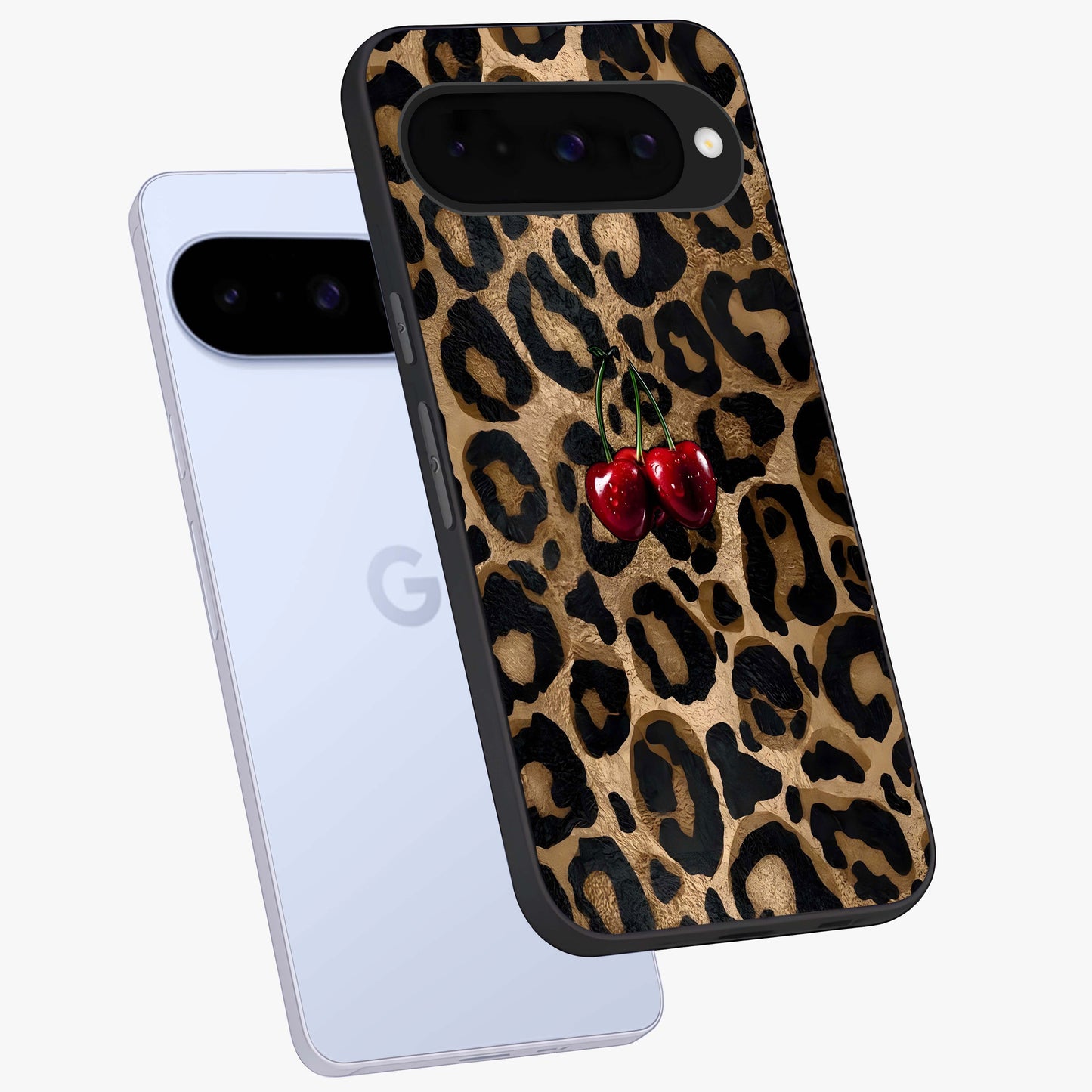 Leopard Wild Cherry Glass Case displayed in angled mockup highlighting bold animal print design with playful cherry aesthetic.