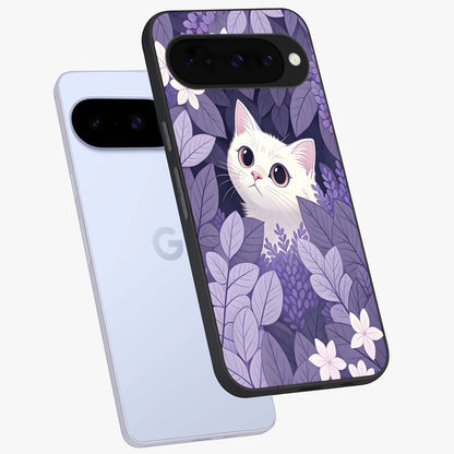Lilac Hide Peek Cat Glass Case displayed in angled mockup highlighting playful feline illustration with lilac aesthetic design.