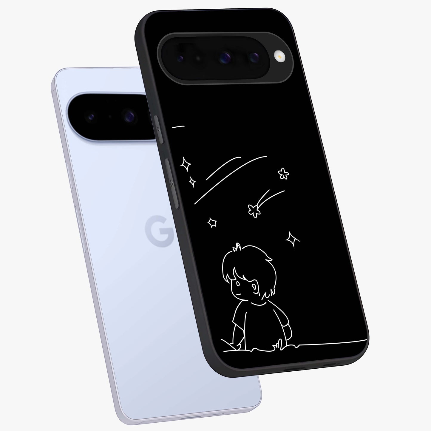 Line Art Boy With Shooting Stars Glass Case displayed in angled mockup highlighting elegant line art design with dreamy star aesthetic.