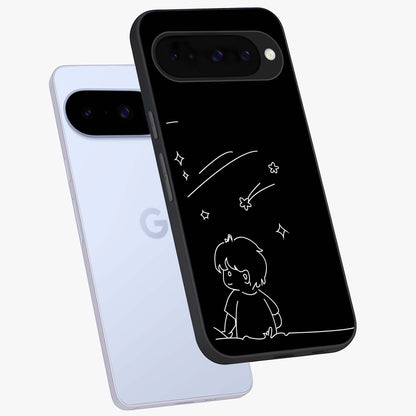 Line Art Boy With Shooting Stars Glass Case displayed in angled mockup highlighting elegant line art design with dreamy star aesthetic.