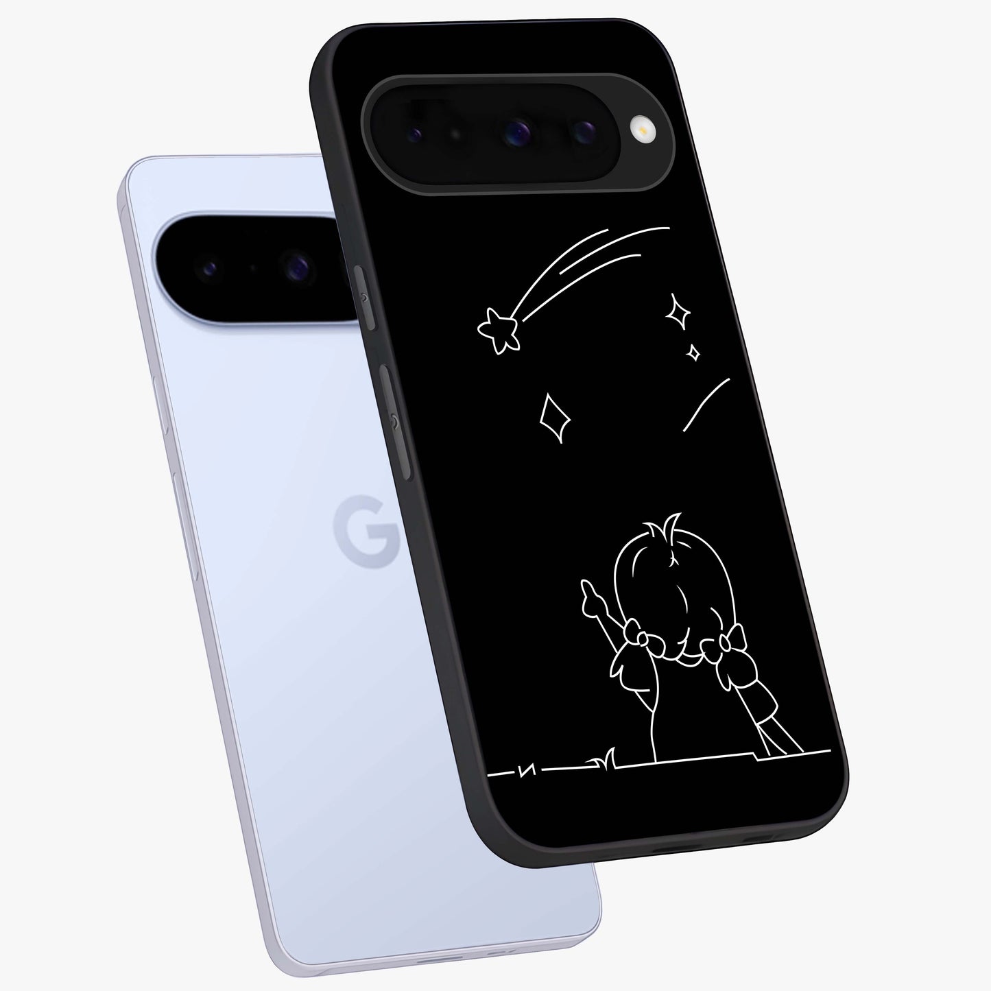 Line Art Girl With Shooting Stars Glass Case displayed in angled mockup highlighting elegant line art design with dreamy star aesthetic.