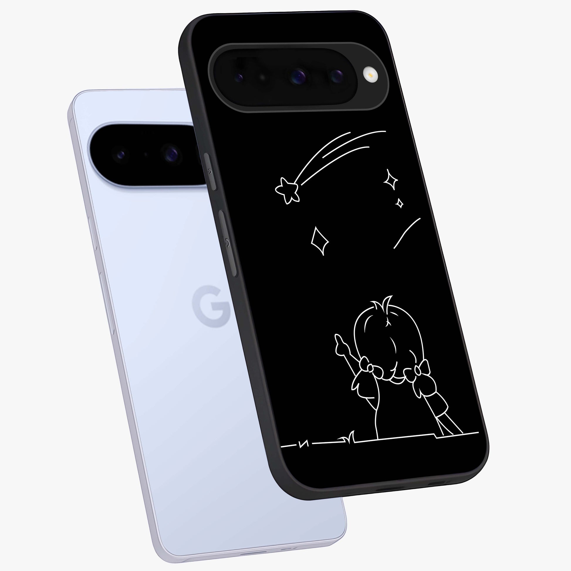 Line Art Girl With Shooting Stars Glass Case displayed in angled mockup highlighting elegant line art design with dreamy star aesthetic.