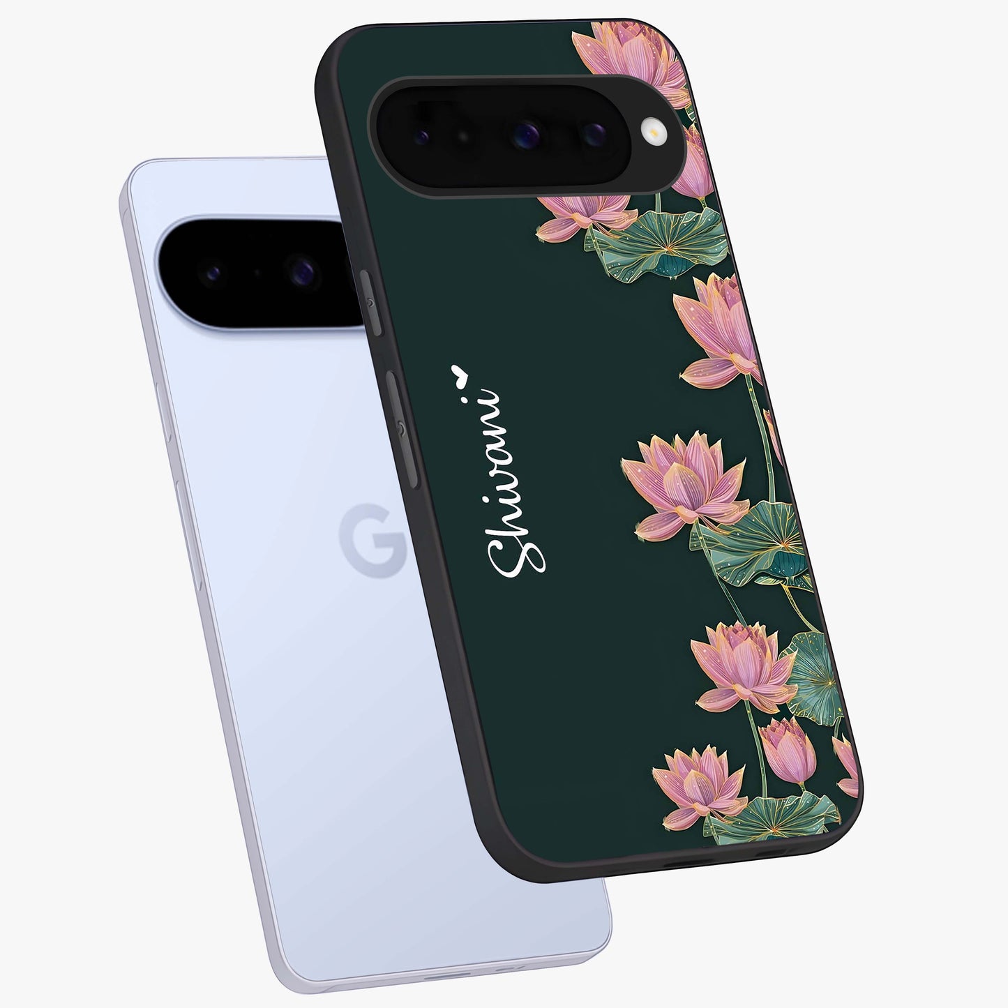 Lotus Bloom Serenity Custom Name Glass Case displayed in angled mockup highlighting graceful lotus illustration with custom name feature.