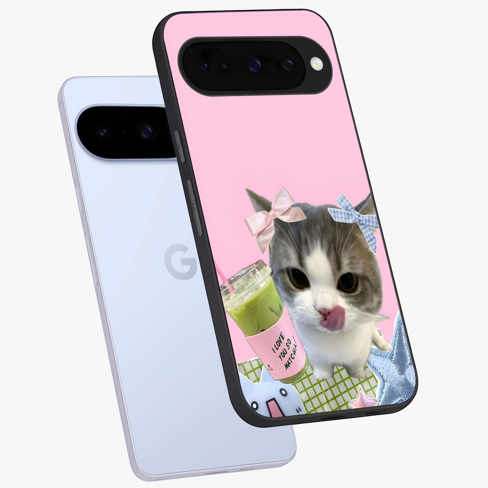 Love Matcha Cat Glass Case displayed in angled mockup highlighting playful feline illustration with cozy matcha aesthetic.