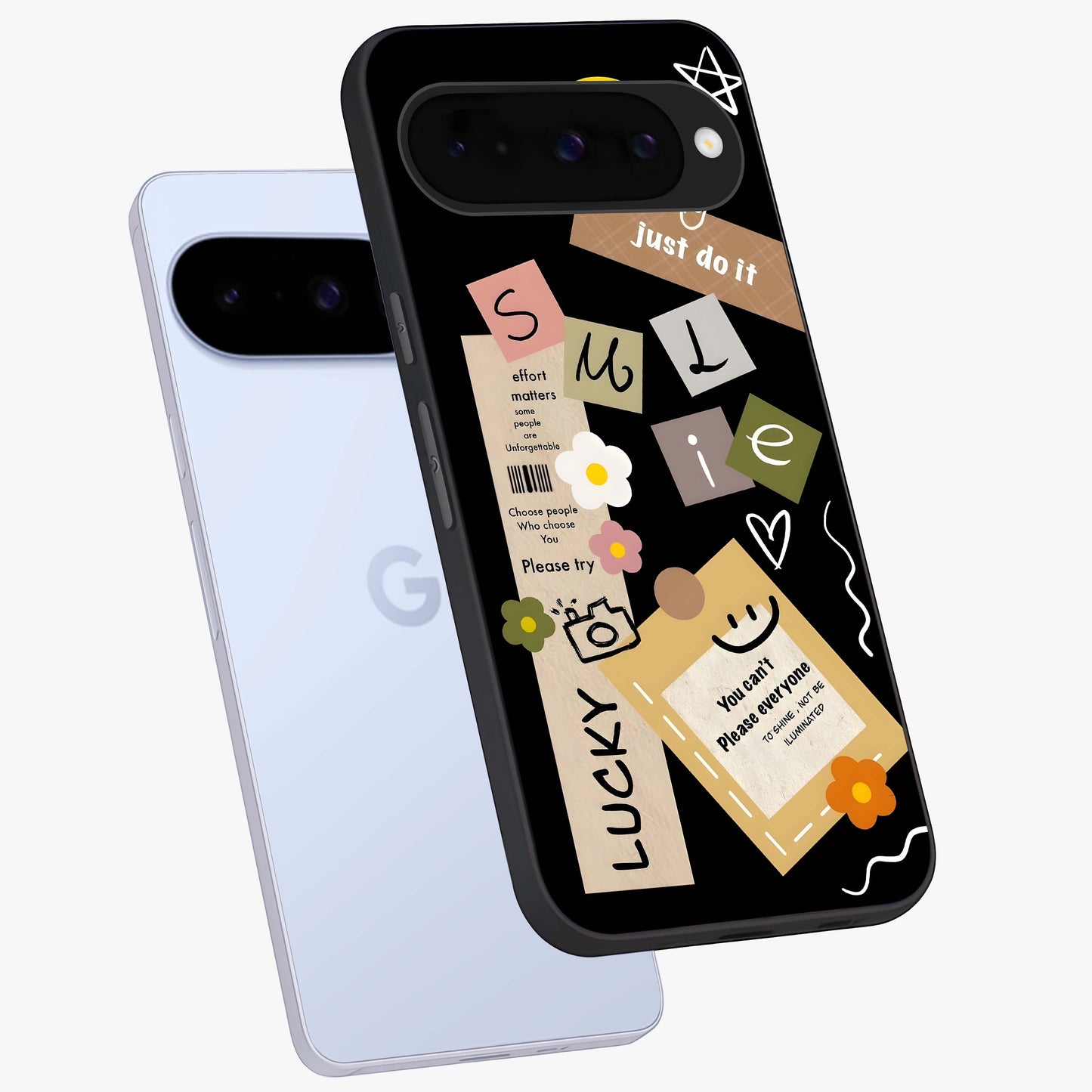 Lucky Aesthetic Collage Glass Case displayed in angled mockup highlighting stylish collage pattern with modern aesthetic vibe.