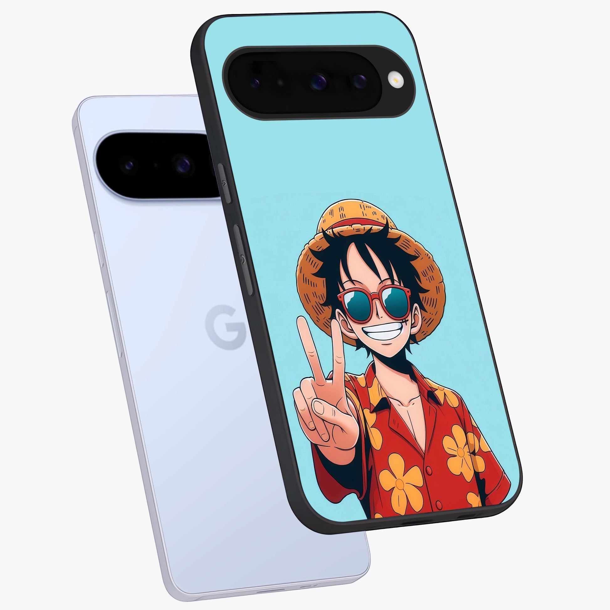 Luffy Summer Anime Vibe Glass Case displayed in angled mockup highlighting energetic anime illustration with summer vibe aesthetic.