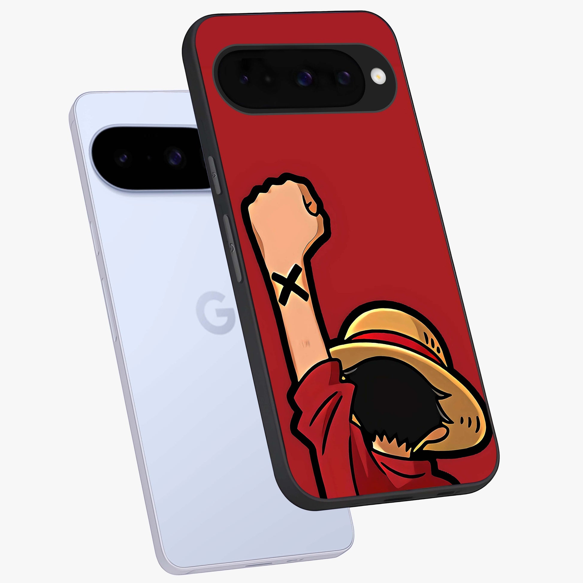 Luffy X Spirit Glass Case displayed in angled mockup highlighting powerful anime design with energetic action aesthetic.