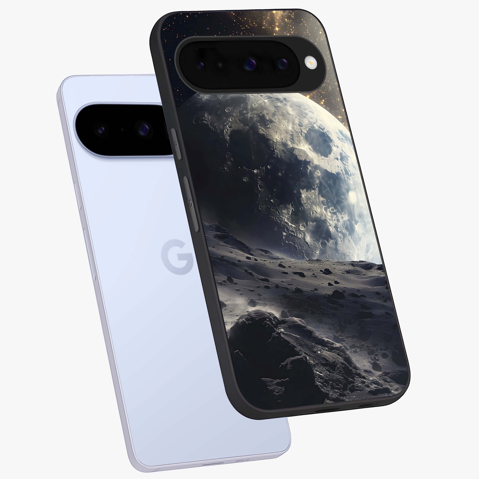 Lunar Horizon Glow Glass Case displayed in angled mockup highlighting celestial moon design with dreamy night aesthetic.