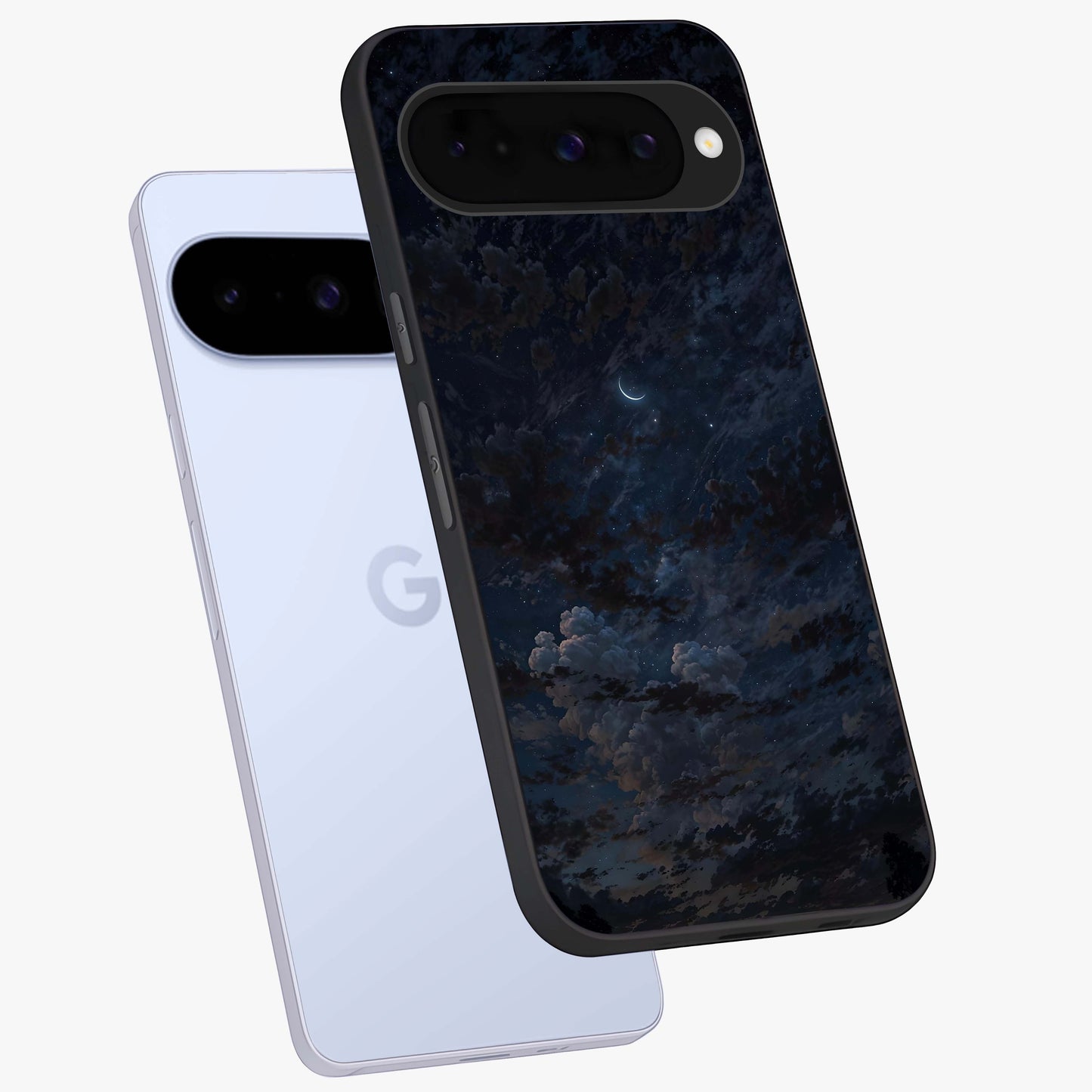 Lunar Veil Silence Glass Case displayed in angled mockup highlighting soft lunar design with peaceful celestial aesthetic.