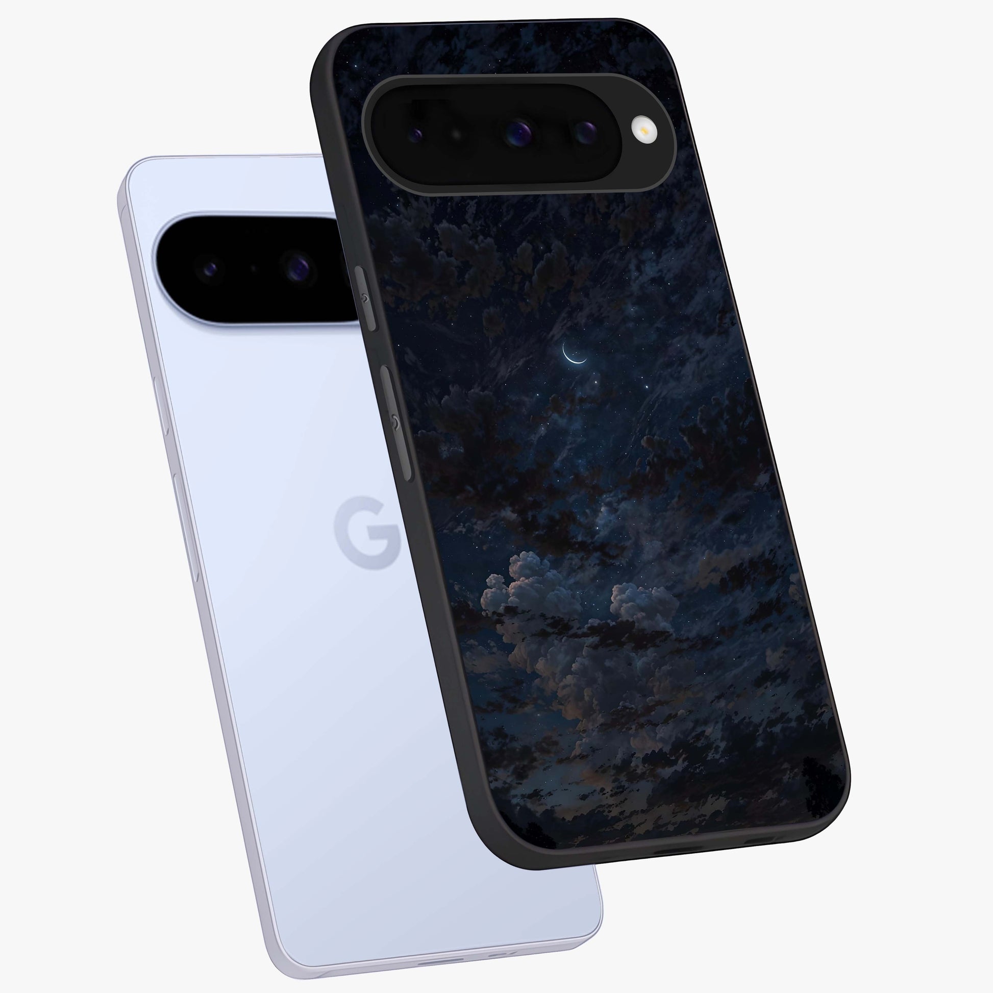 Lunar Veil Silence Glass Case displayed in angled mockup highlighting soft lunar design with peaceful celestial aesthetic.