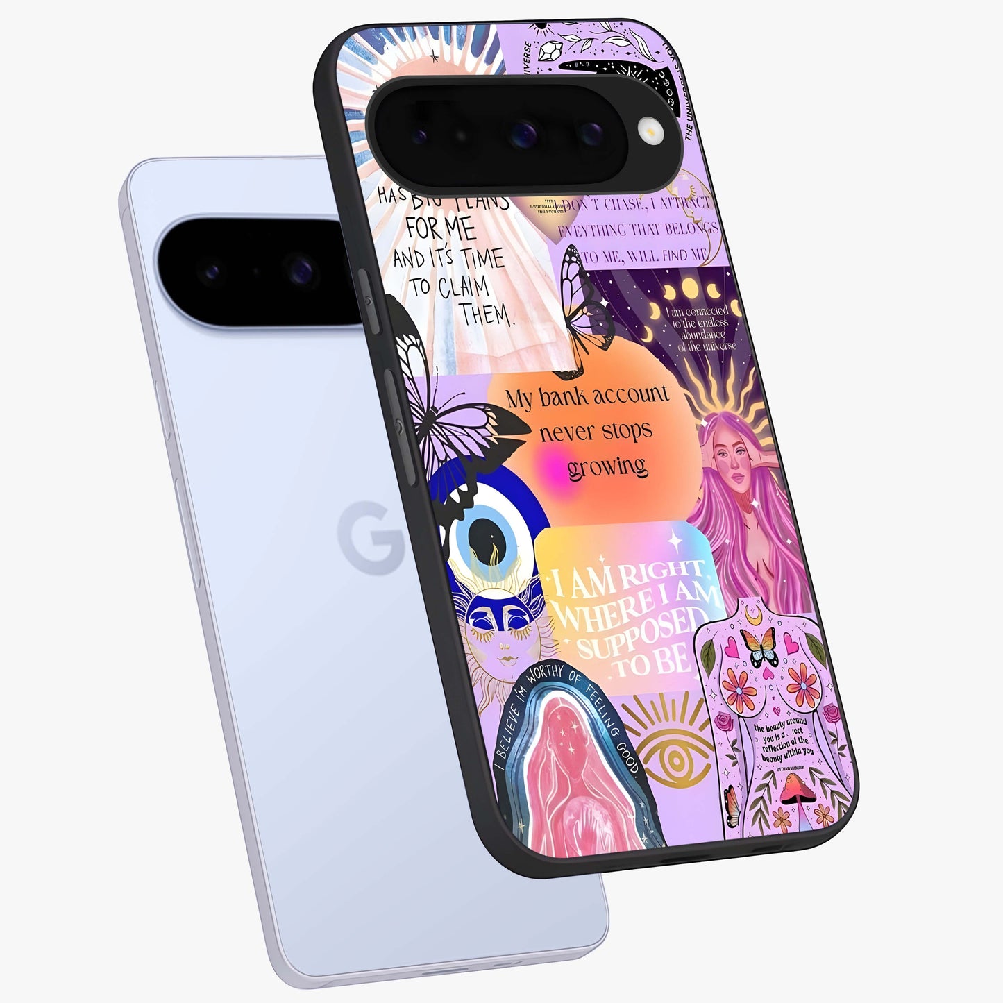 Manifestation Collage Glass Case displayed in angled mockup highlighting inspirational aesthetic collage design.