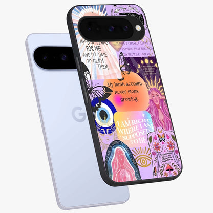 Manifestation Collage Glass Case displayed in angled mockup highlighting inspirational aesthetic collage design.