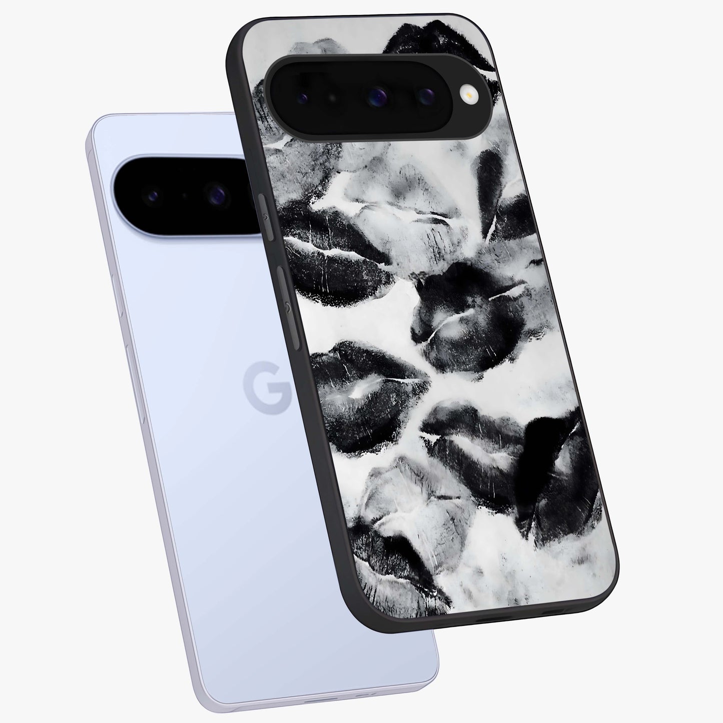 Midnight Kiss Marks Glass Case displayed in angled mockup highlighting playful romantic design with bold midnight aesthetic.