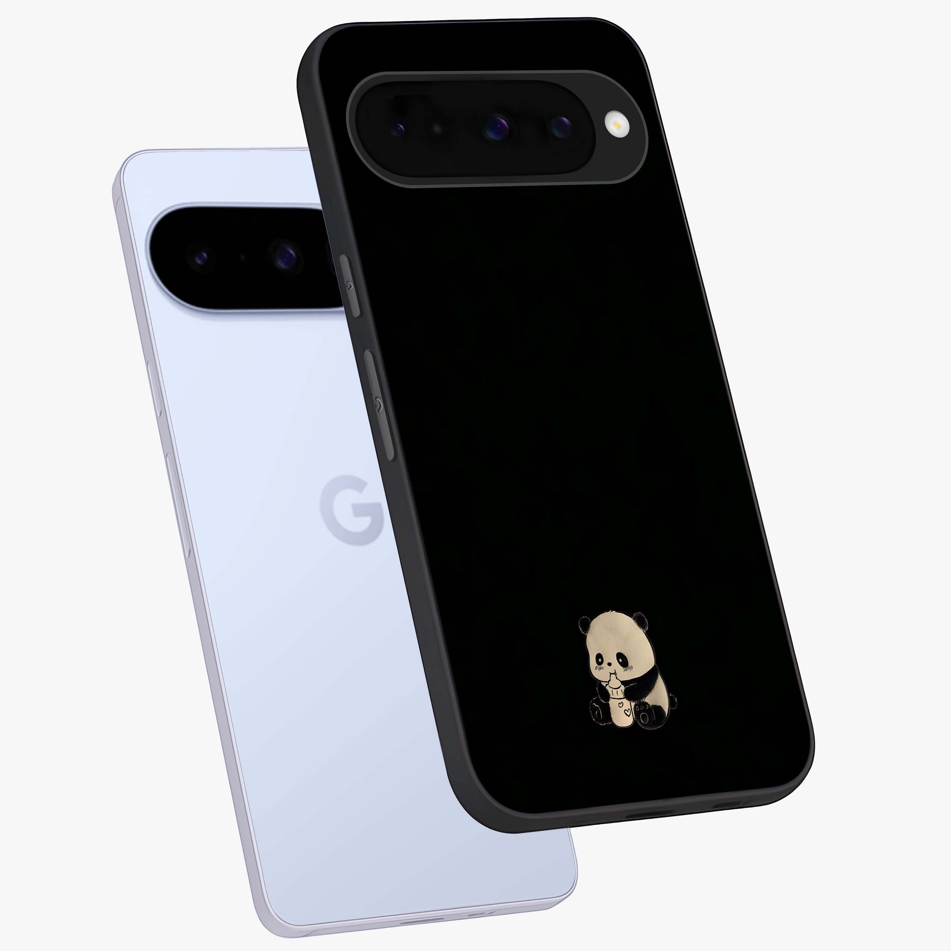 Midnight Panda Love Glass Case displayed in angled mockup highlighting adorable panda illustration with midnight aesthetic.