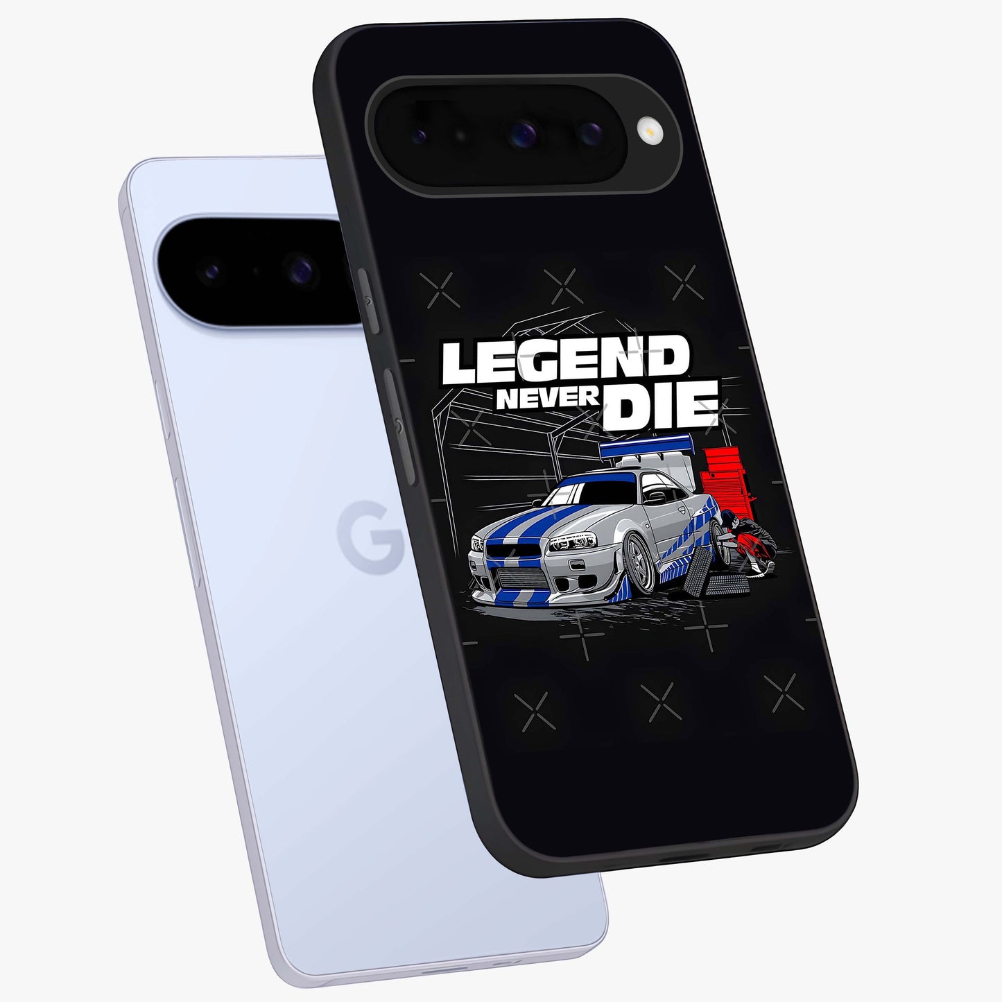 Midnight Racing Legacy Glass Case displayed in angled mockup highlighting dynamic automotive design with bold midnight aesthetic.