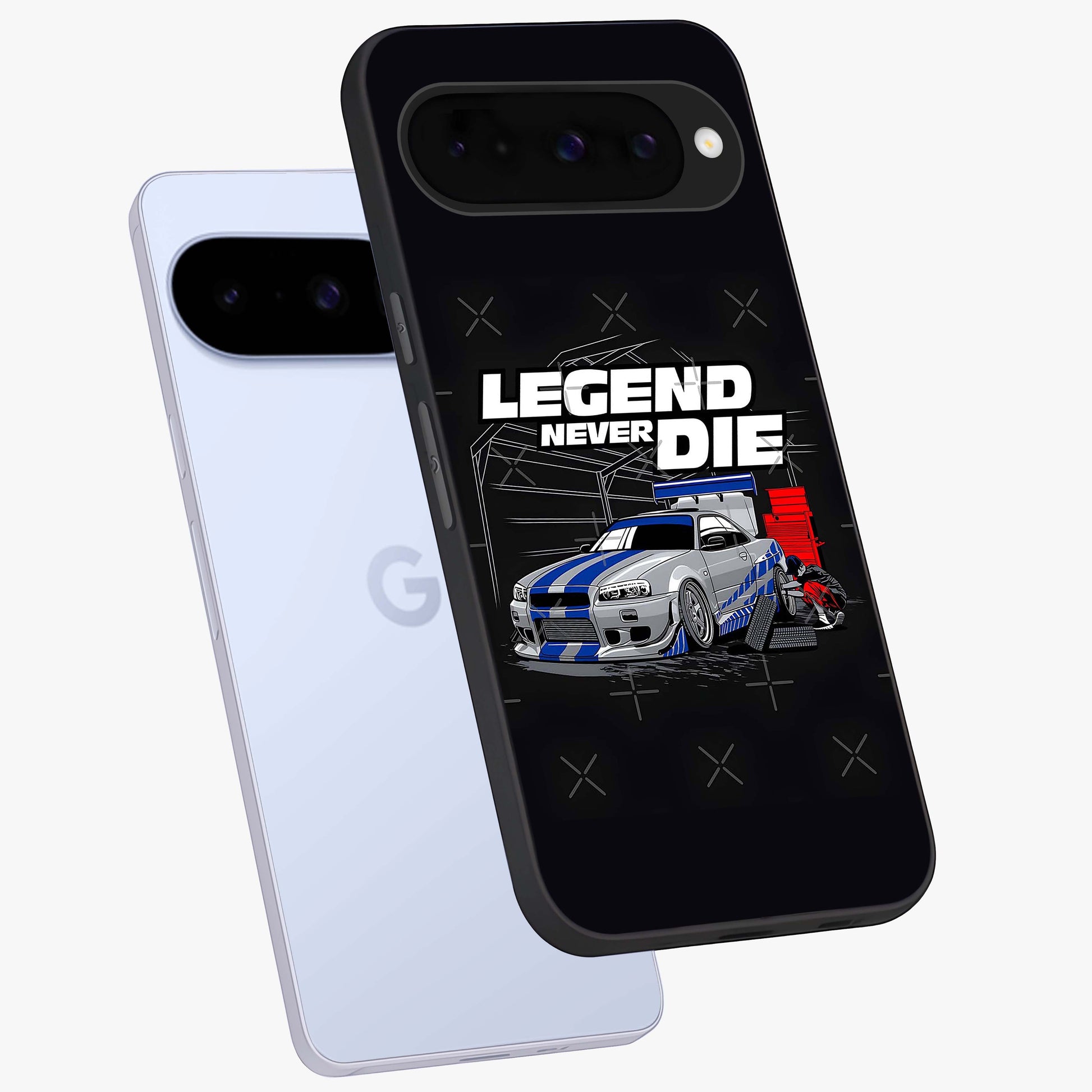 Midnight Racing Legacy Glass Case displayed in angled mockup highlighting dynamic automotive design with bold midnight aesthetic.