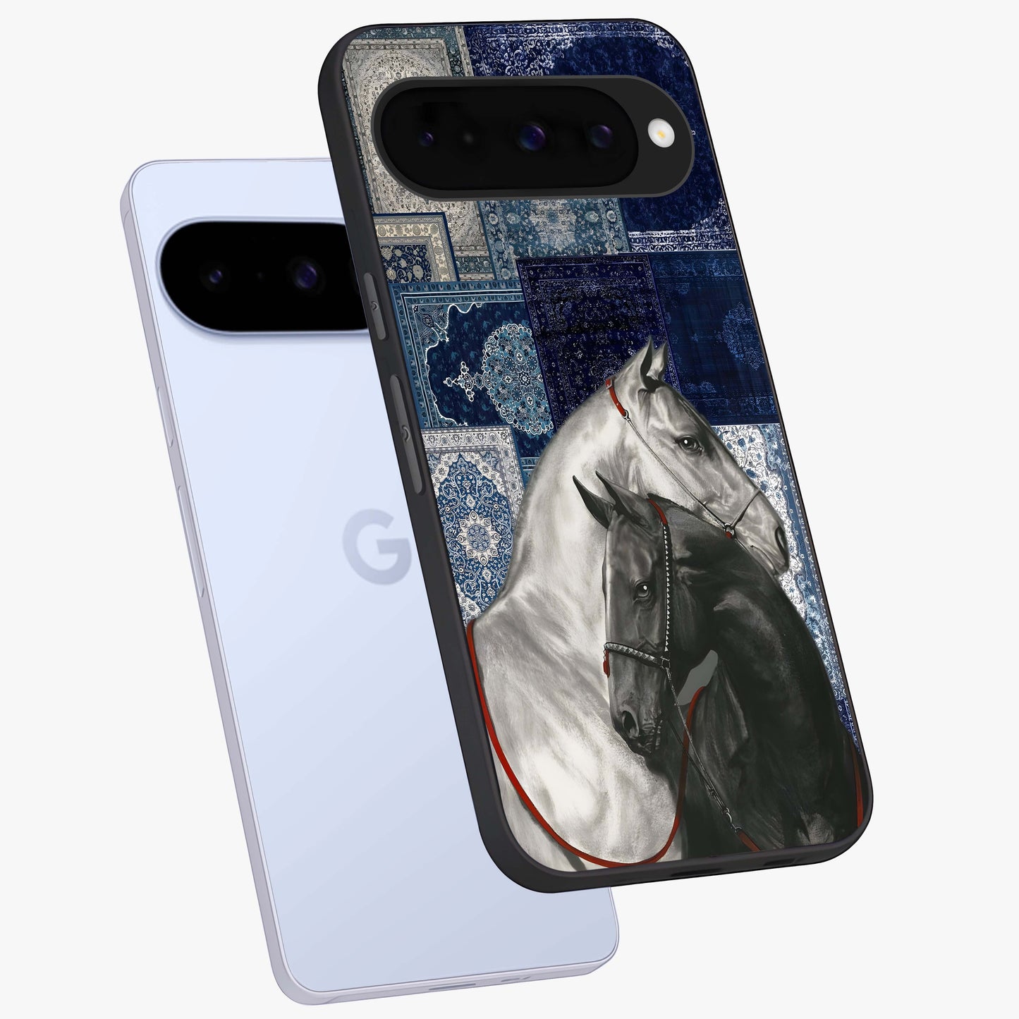 Midnight Stallion Blues Glass Case displayed in angled mockup highlighting powerful stallion illustration with deep midnight tones.