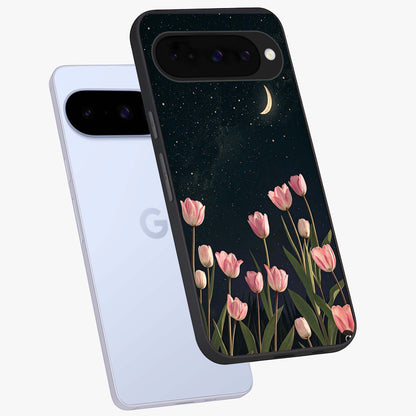 Midnight Tulip Whispers Vibe Glass Case displayed in angled mockup highlighting delicate tulip design with midnight floral aesthetic.