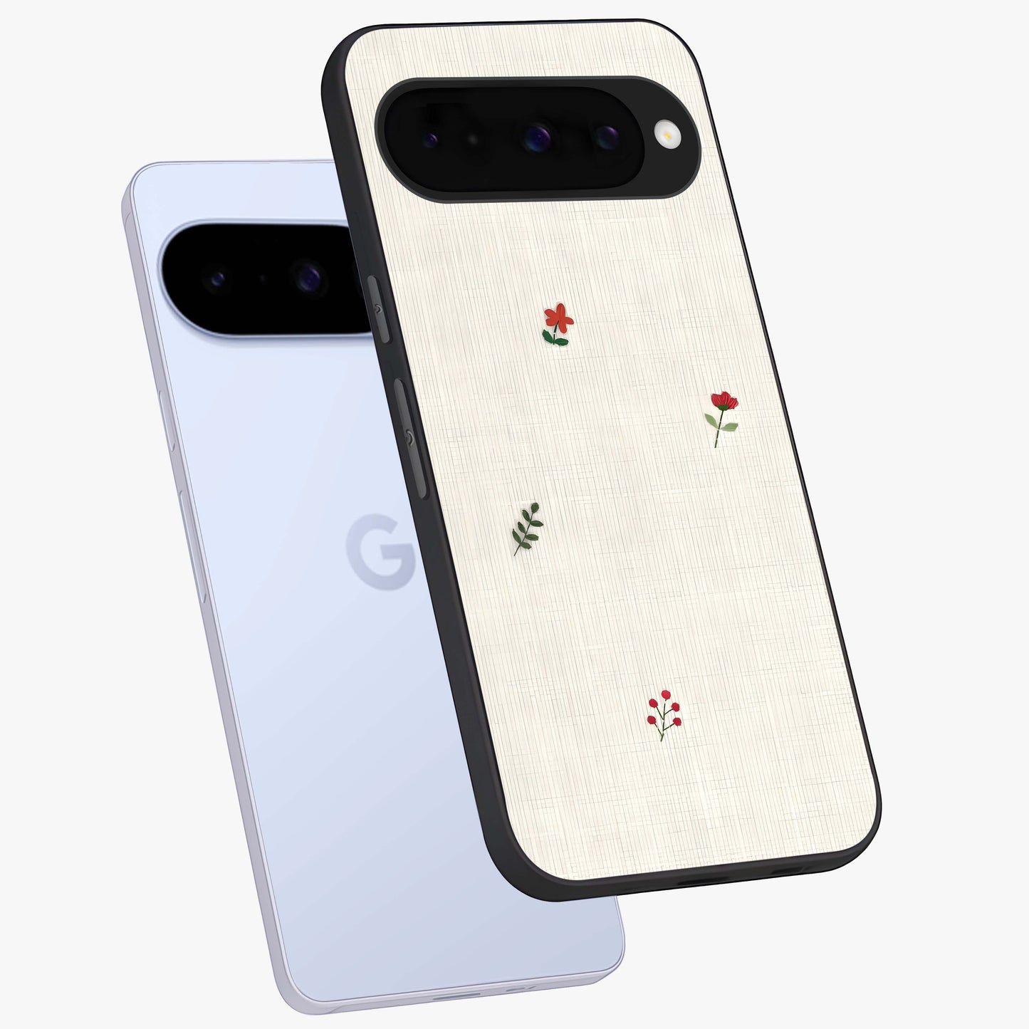 Minimalistic Blue With White Flower Pattern Glass Case displayed in angled mockup highlighting simple floral design with minimal aesthetic.