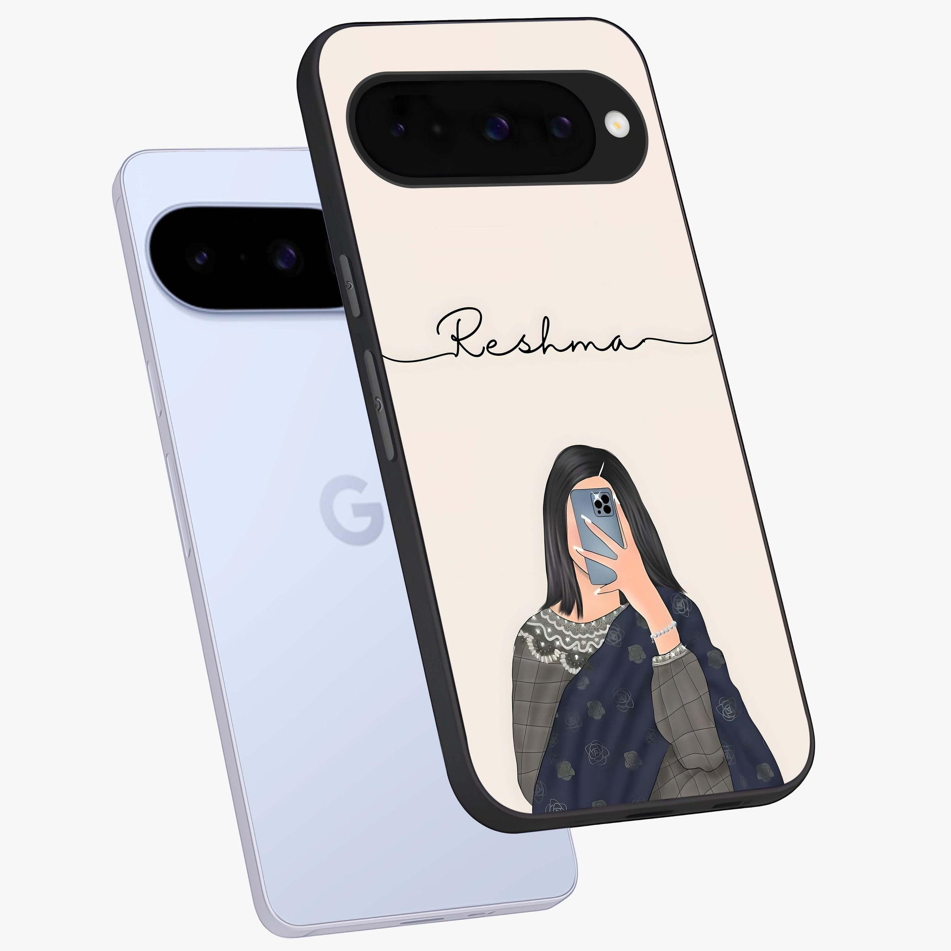 Mirror Mood Muse With Custom Name Glass Case displayed in angled mockup highlighting aesthetic mirror inspired design with custom name feature.