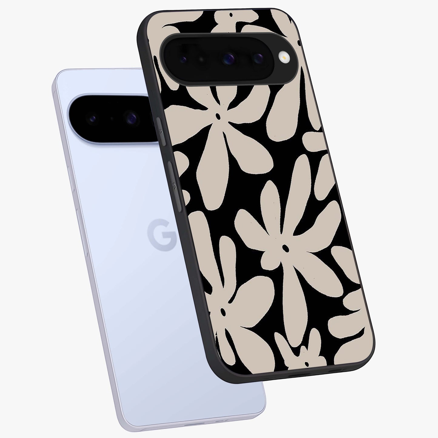 Monochrome Petal Dance Glass Case displayed in angled mockup highlighting elegant petal design with black and white aesthetic.