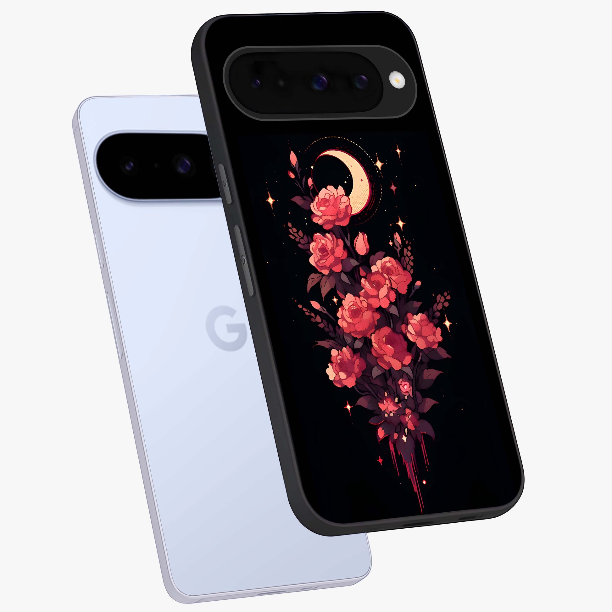 Moonlit Floral Elegance Glass Case displayed in angled mockup highlighting graceful flower design with soft moonlight aesthetic.