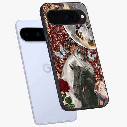 Moonlit Royal Stallion Glass Case displayed in angled mockup highlighting powerful stallion illustration with royal night aesthetic.