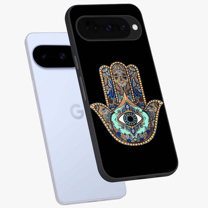 Mystic Hamsa Eye Glass Case displayed in angled mockup highlighting spiritual hamsa symbol with mystical aesthetic style.