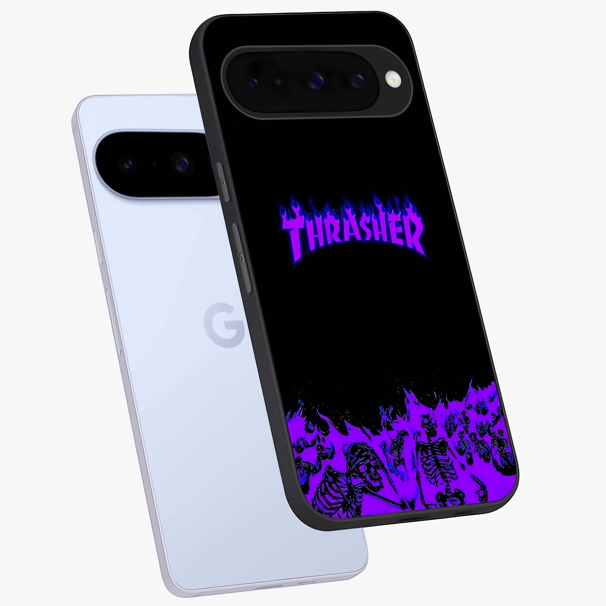 Neon Flame Riot Glass Case displayed in angled mockup highlighting glowing flame design with vibrant neon aesthetic.