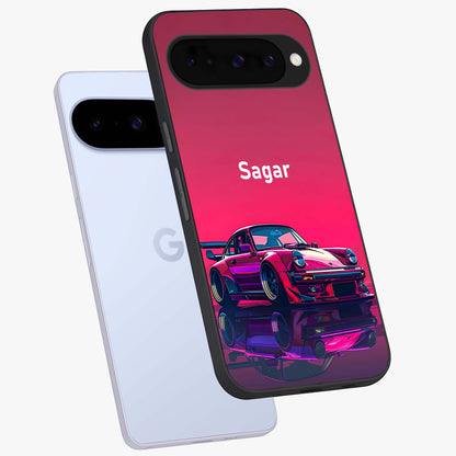 Neon Pink Porsche Glass Case displayed in angled mockup highlighting sleek neon pink car design with racing aesthetic.