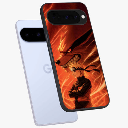 Nine Tails Legacy Glass Case displayed in angled mockup highlighting dynamic anime beast illustration with bold mystical aesthetic.