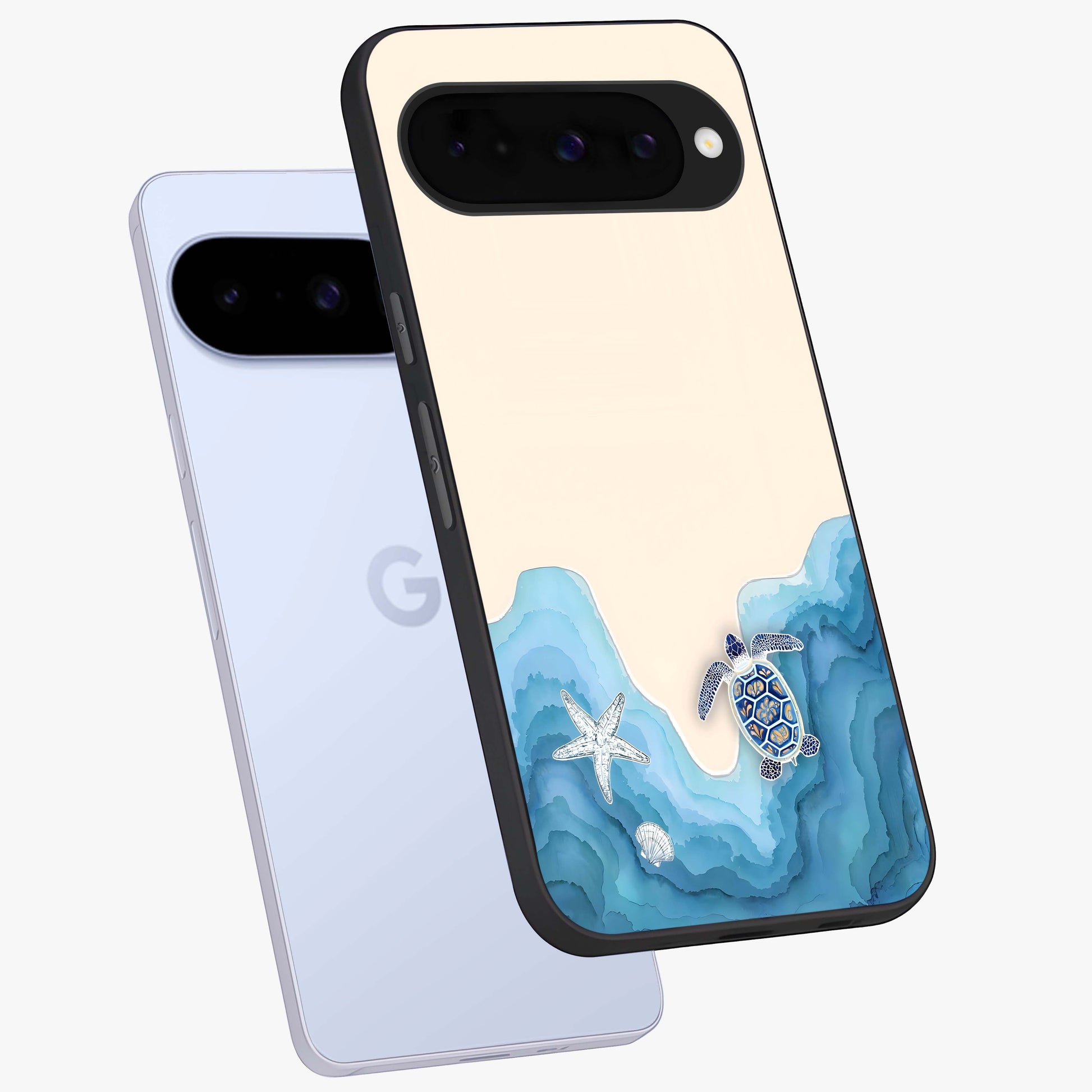 Ocean Drift Turtle Glass Case displayed in angled mockup highlighting peaceful ocean turtle illustration with marine aesthetic.