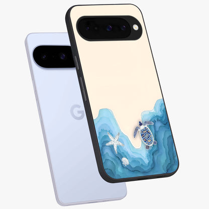 Ocean Drift Turtle Glass Case displayed in angled mockup highlighting peaceful ocean turtle illustration with marine aesthetic.