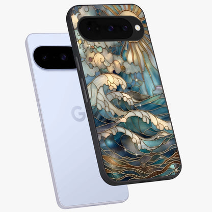 Oceanic Stained Printed Glass Case displayed in angled mockup highlighting colorful aquatic design with artistic aesthetic style.