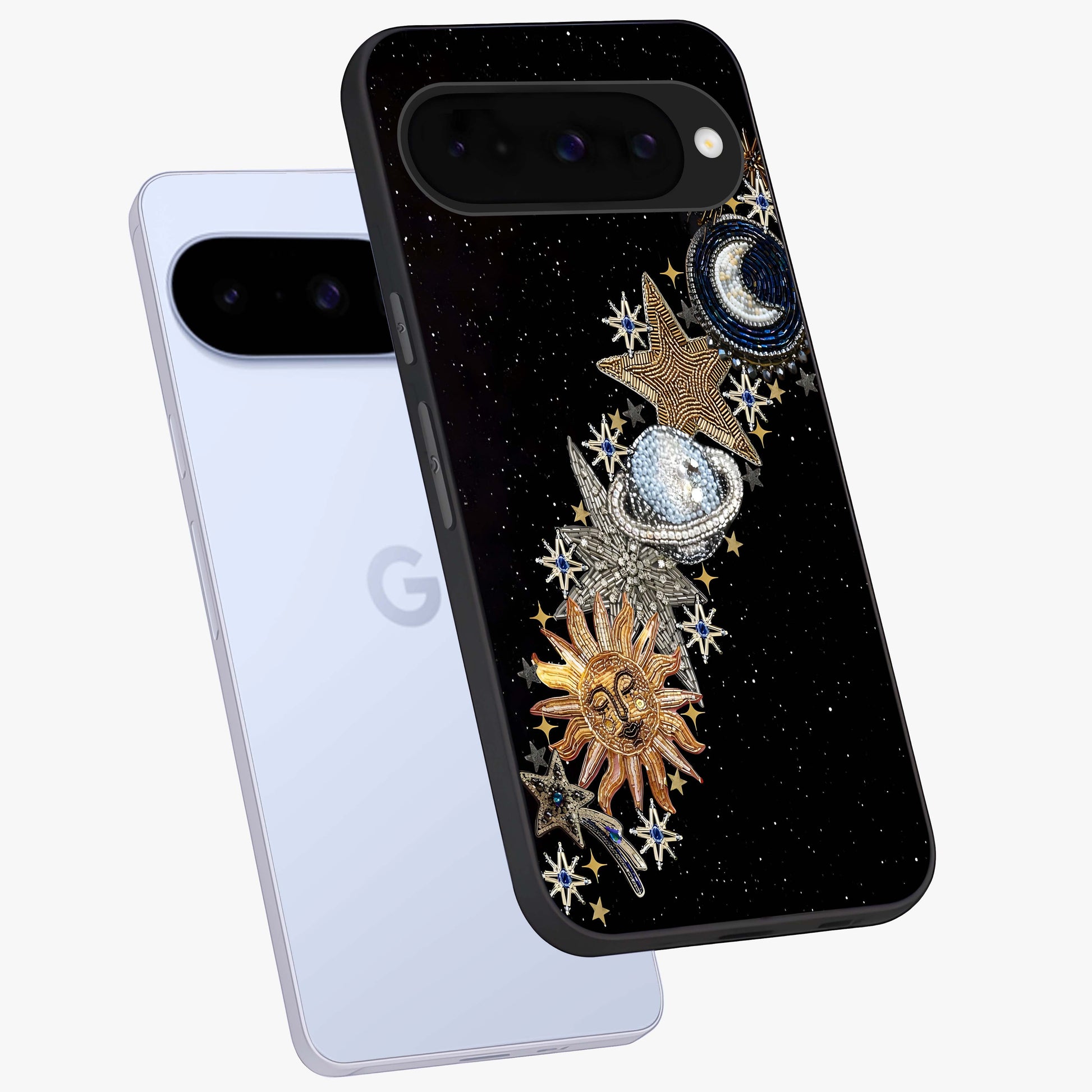 Pearls Universe Object Glass Case displayed in angled mockup highlighting celestial pearl design with dreamy aesthetic.