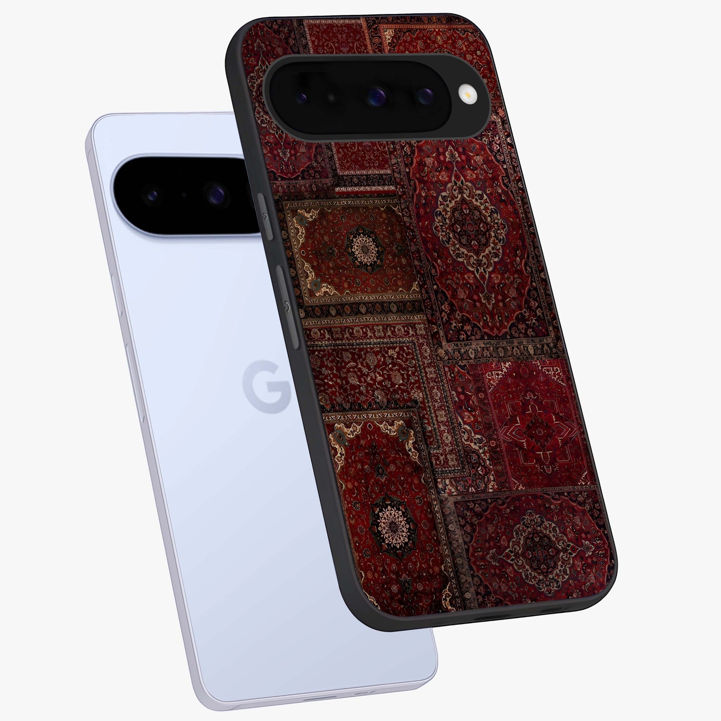 Persian Velvet Tale Glass Case displayed in angled mockup highlighting ornate textile inspired design with royal aesthetic.