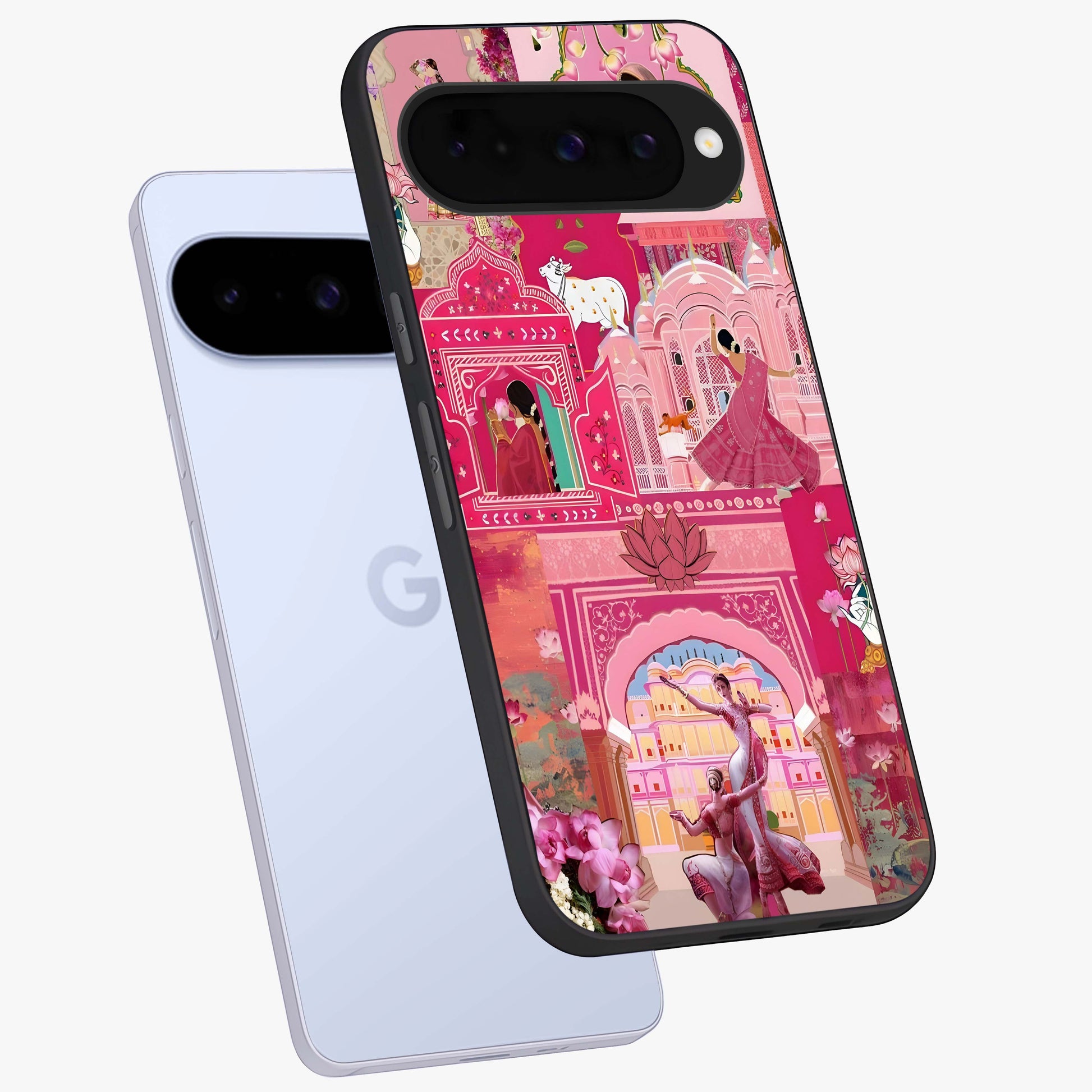 Pink Palace Muse Glass Case displayed in angled mockup highlighting dreamy palace illustration with soft pink aesthetic.