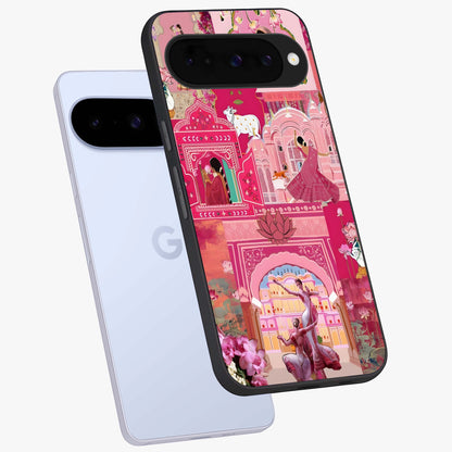 Pink Palace Muse Glass Case displayed in angled mockup highlighting dreamy palace illustration with soft pink aesthetic.