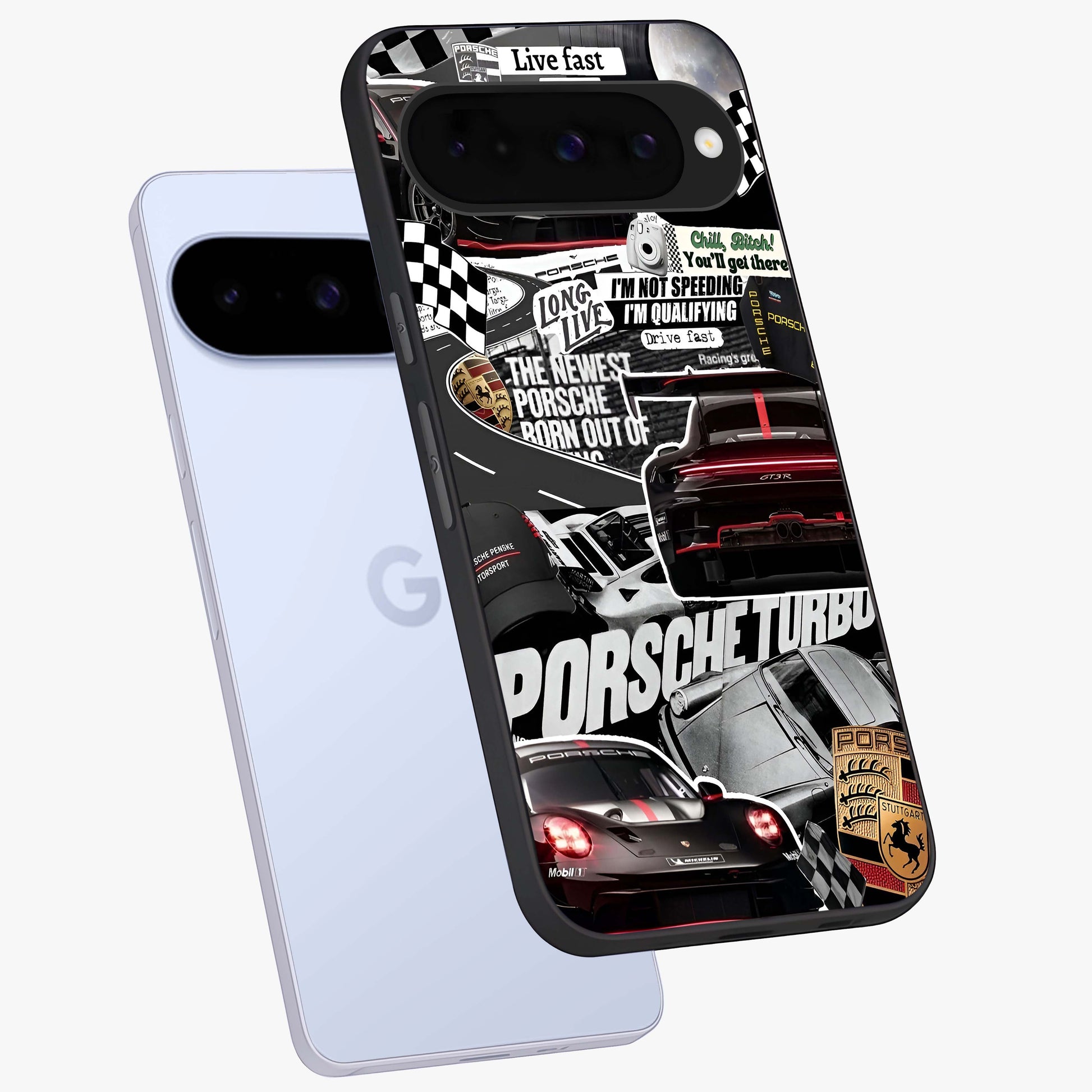 Porsche Racing Collage Glass Case displayed in angled mockup highlighting dynamic automotive design with bold racing aesthetic.