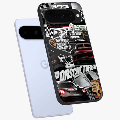 Porsche Racing Collage Glass Case displayed in angled mockup highlighting dynamic automotive design with bold racing aesthetic.