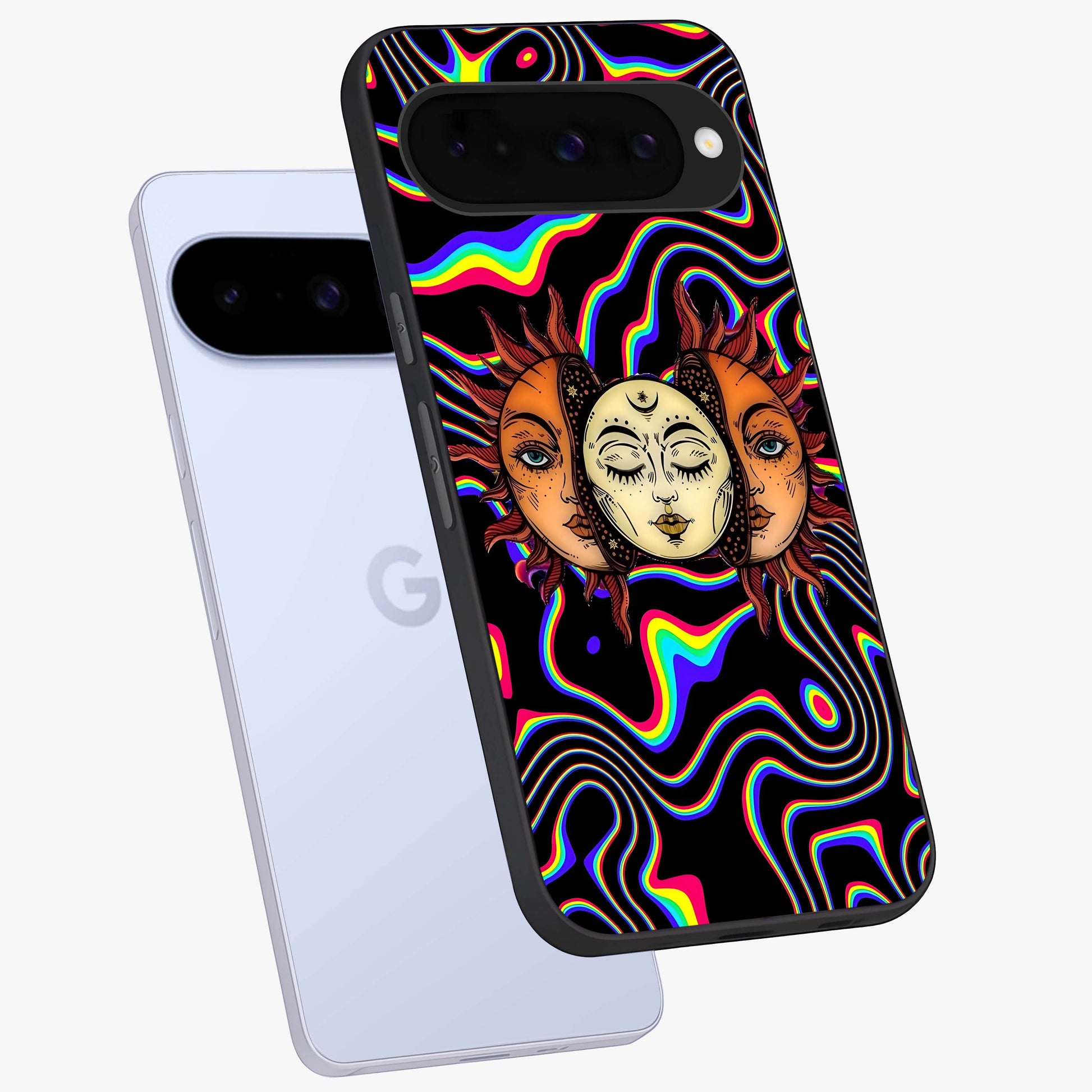 Psychedelic Sun Glass Case displayed in angled mockup highlighting vibrant abstract sun design with artistic aesthetic style.